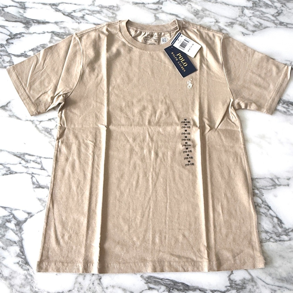 Polo Ralph Lauren Boys Khaki Tan Cotton Short Sleeve T-Shirt Size M 10-12 NWT
